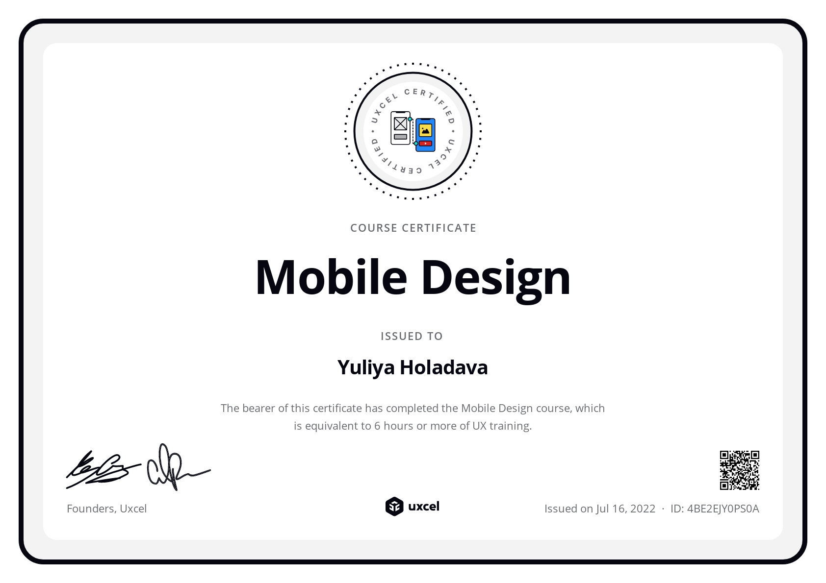 Yuliya Holadava's certificate
